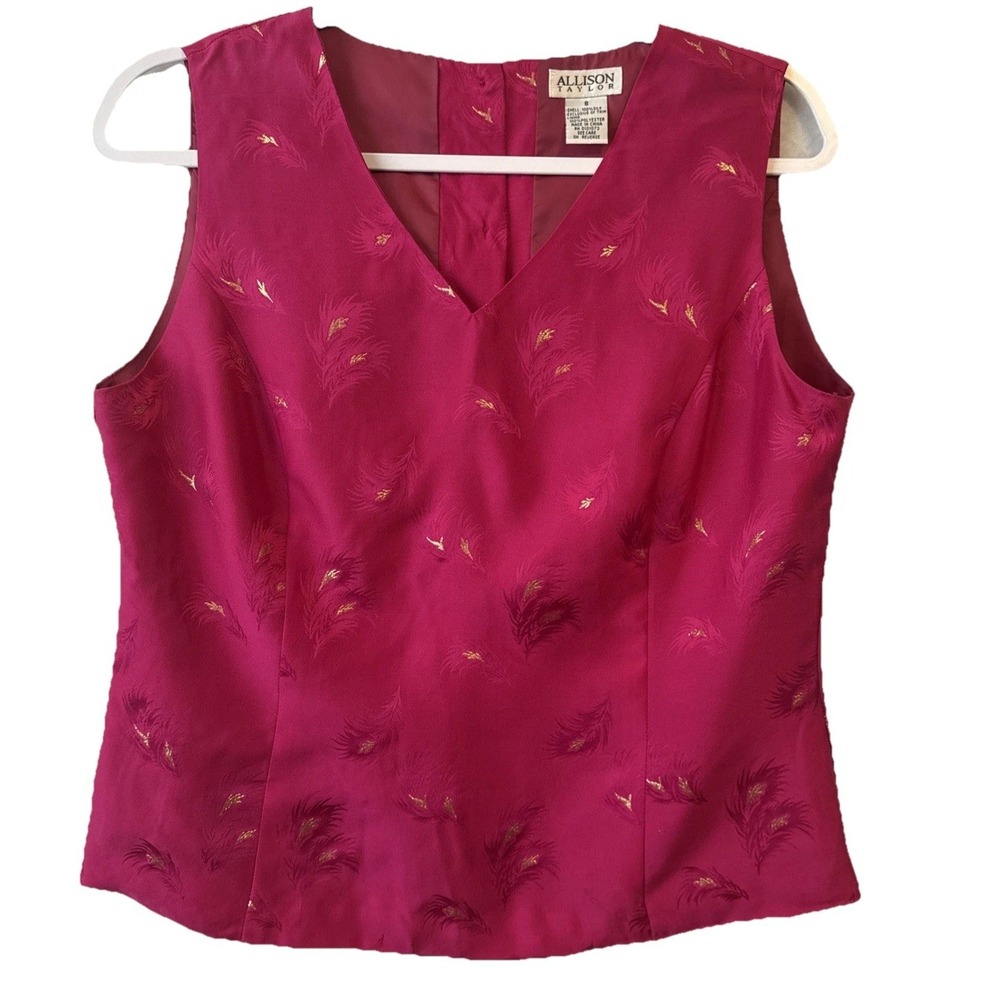 Vtg Allison Taylor 100%‎ Silk Vibrant Pink Feather Gold Foil Sleeveless Blouse S